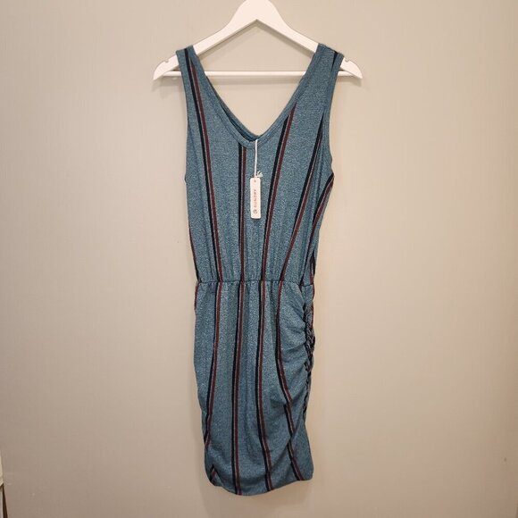 Sundry Tank Dress V-Neck Teal Stripes Ruched Skirt Casual Beach Lounge - Size 2 - Picture 1 of 8